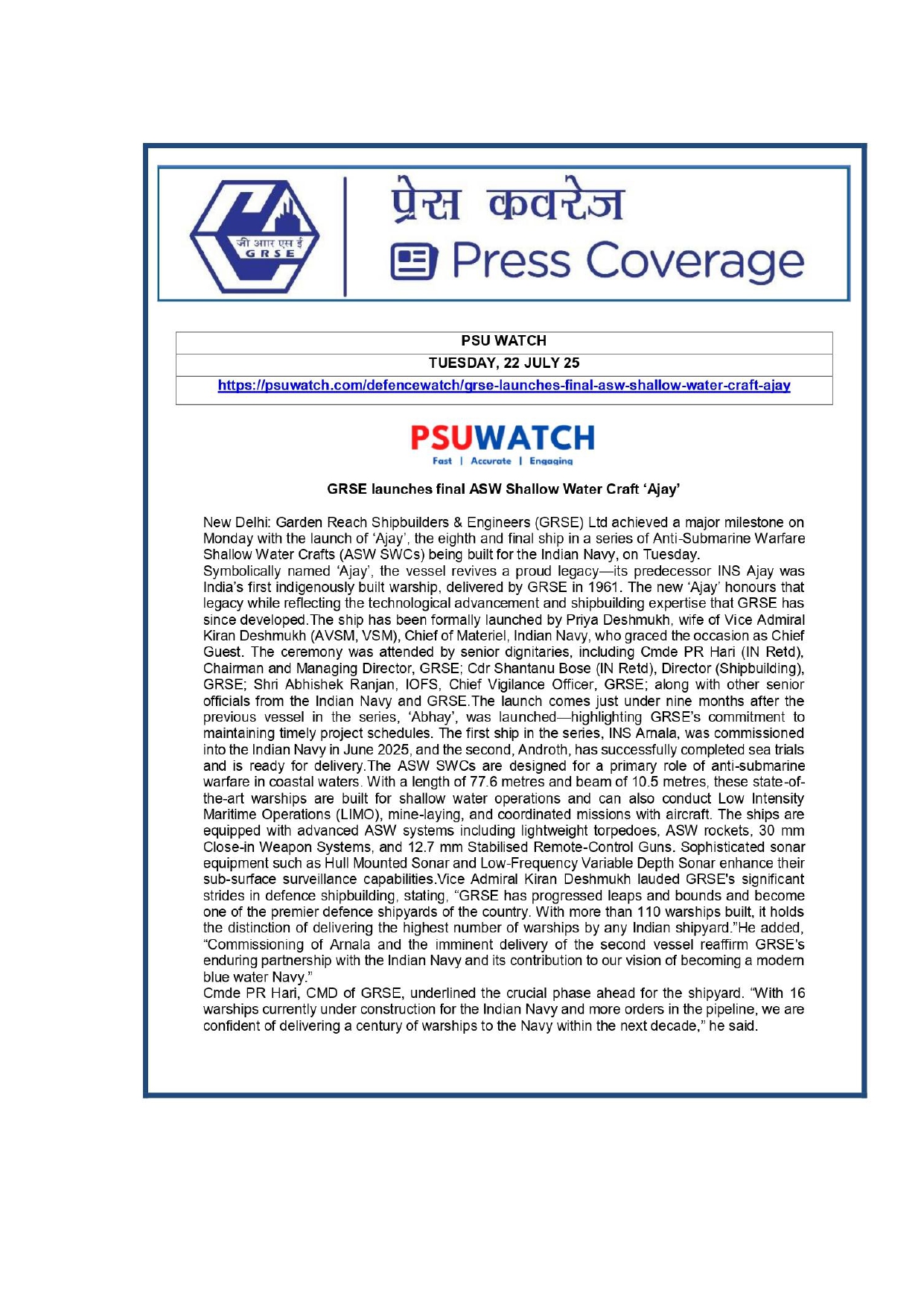 Press Coverage :  Anti-submarine Warfare Ship,Ajay,Launched in Kolkata